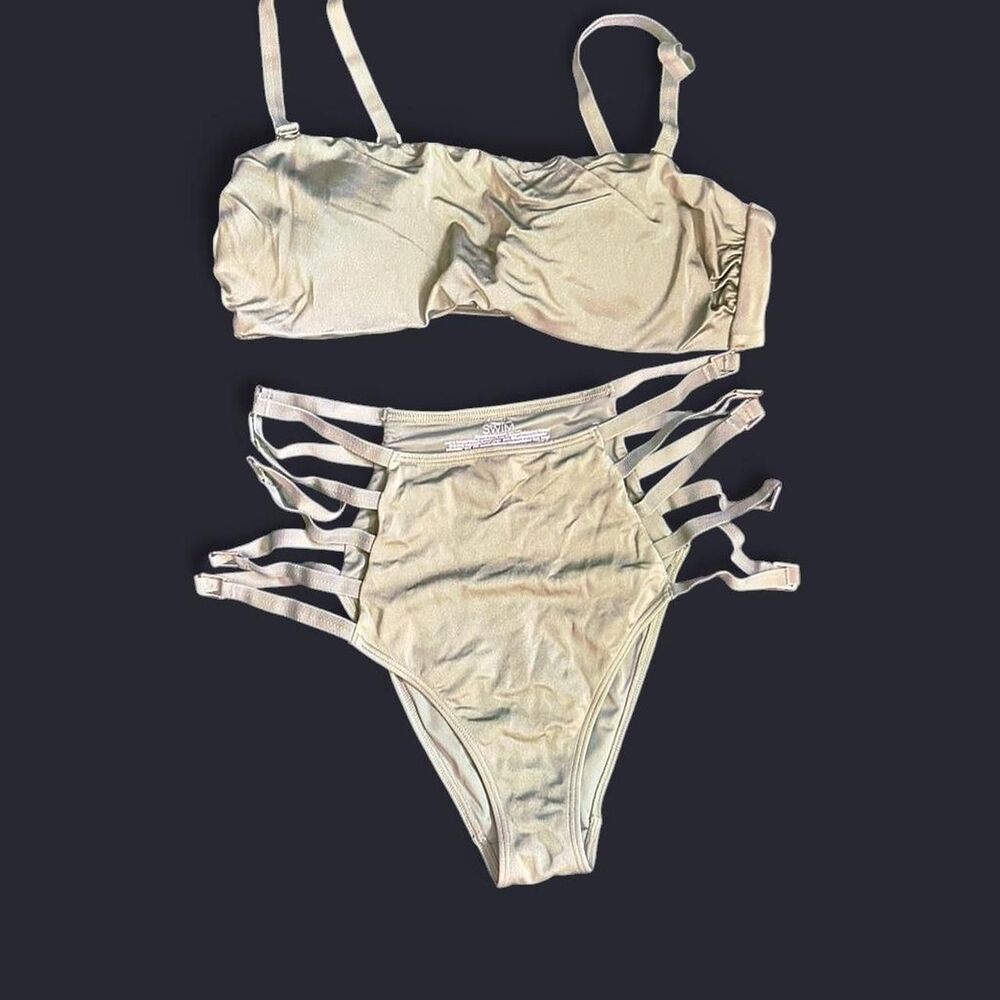 Rare VS Swim Olive Green Strappy Bikini Set - Bandeau Top M / Cut-Out Bottom S